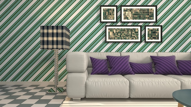 Современная гостиная с белым диваном, фиолетовыми подушками, клетчатой ​​лампой и произведениями искусства в рамках на полосатых стенах.